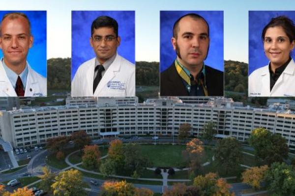 Portraits of Matthew Moyer, Raman Baweja, Julio Fernandez-Mendoza and Monika Joshi on a background of an aerial view of Penn State College of Medicine.